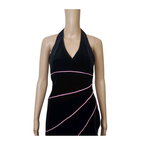 Vtg Betsy & Adam Halter Dress 6 Black Velvet Ruffle Maxi Pink Trim Whimsigoth - Picture 4 of 12